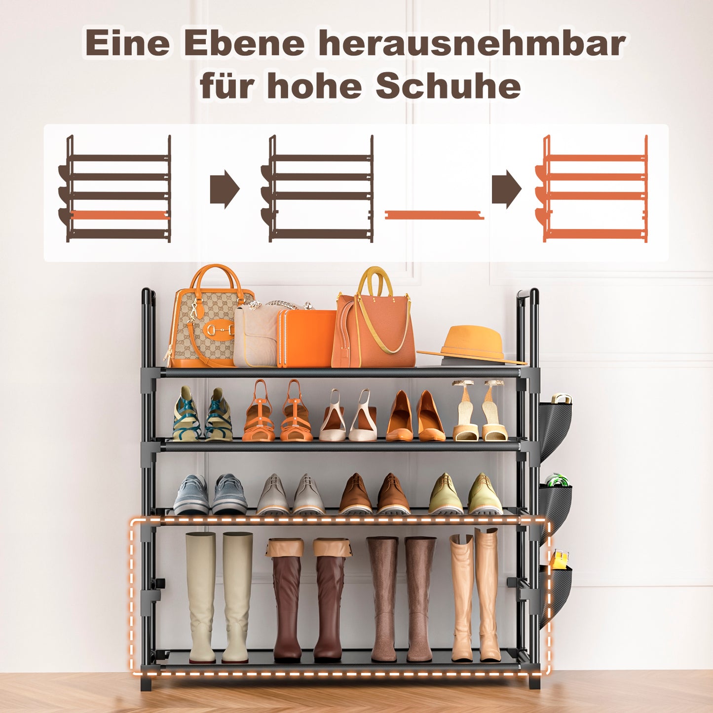 OYREL Schuhregal 5 Ebenen, Große Kapazität Shoe Rack Schuhablage mit Seitentasche für 20-25 Paar Schuhe, Stark Schuhaufbewahrung für Schrank, Flur, Closet, Draußen, 85cm Breit Shoe Storage Schwarz
