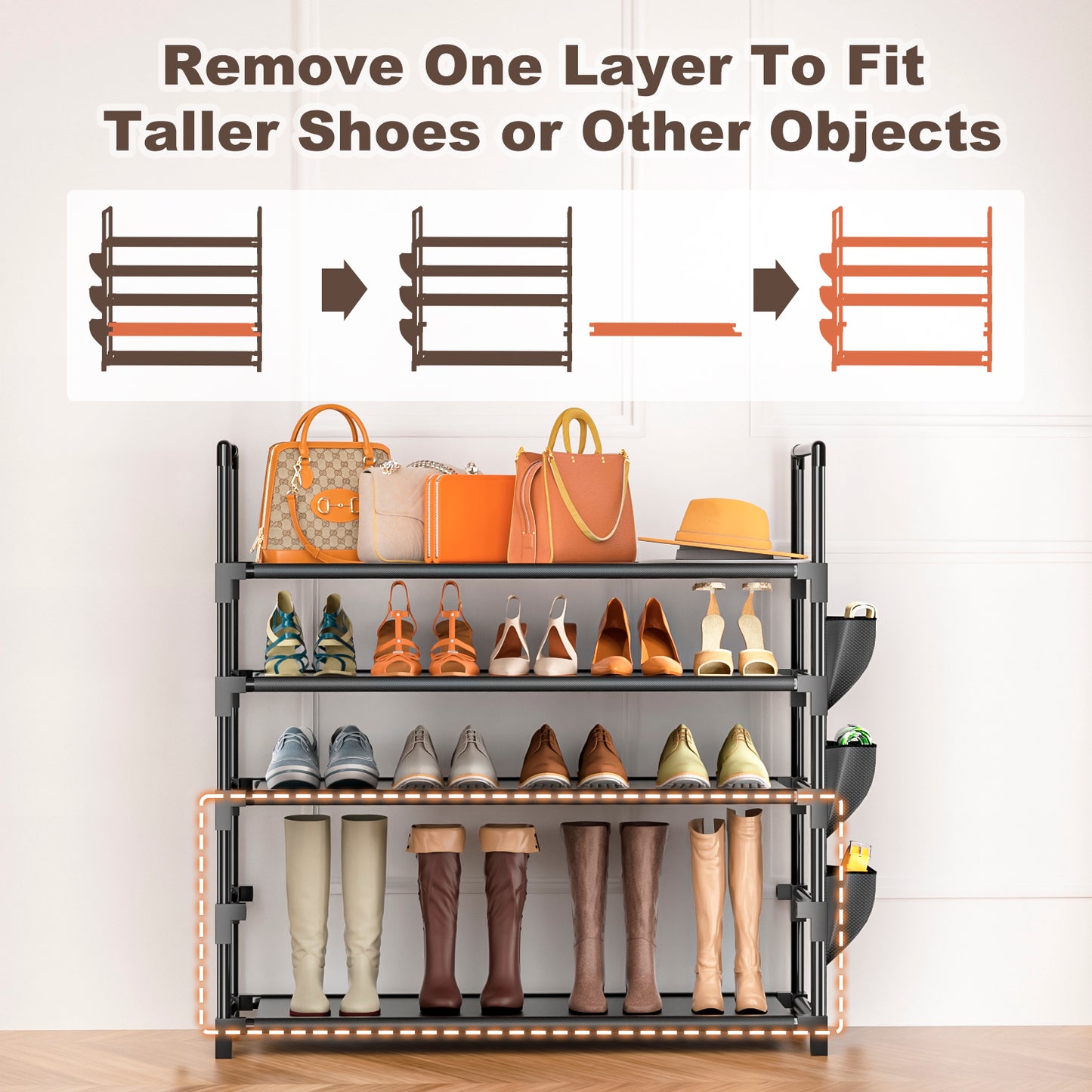 OYREL Shoe Rack 5 Tier 20-25 Pairs Shoes, Shoe Storage Organizer Large with Side Bag Space Saving for Closet, Entryway, Garage, Bedroom Non-Woven Shoe Rack Shelf Black