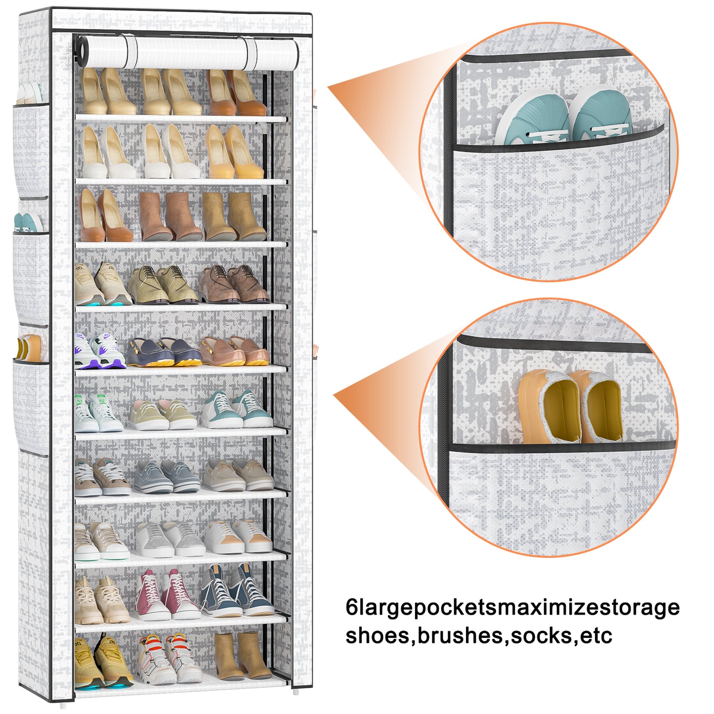 OYREL Shoes Rack 10 Tier Tall Shoe Rack with Storage Pockets, Fabric Covered Shoe Racks,Metal Shoes Rack Organizer for Closets,Bedroom, Garage