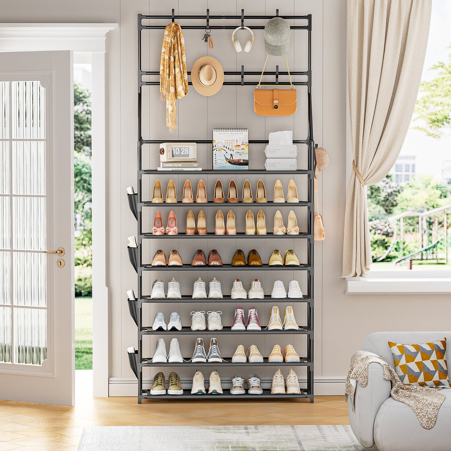 OYREL Shoe Rack 8 Tier Large Shoe Organizer Storage 32-40 Pairs Metal Shoe Storage Rack with Hooks and Side Pocket for Entrance Entryway Closet Shoe Shelf Holder