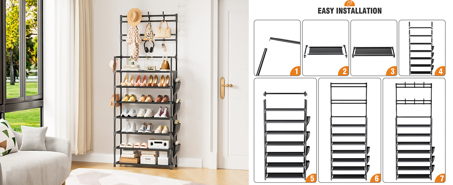 Shoe Rack 7 Tier Shoe Organizer Storage 21-28 Pairs Closet Shoes Rack for Front Door Entrance Shoe Rack Organizer with Hooks Side Pocket Entryway Large Capacity Shoe Shelf Tower Garage