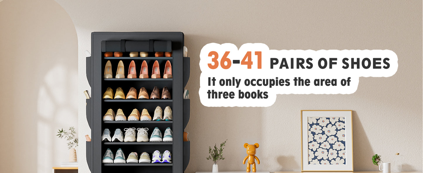 OYREL Large Shoe Rack, Black, 6 Side Pockets, 23.6" Wide x 11.4" Deep x 68.9" Tall, 36-41 Pairs of Shoes