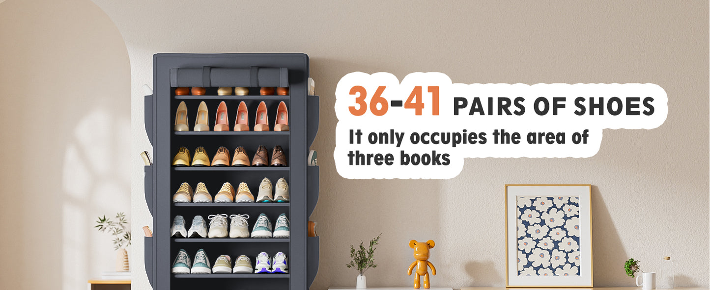 OYREL Shoes Rack 10 Tier Tall Shoe Rack with Storage Pockets, Fabric Covered Shoe Racks,Metal Shoes Rack Organizer for Closets,Bedroom, Garage