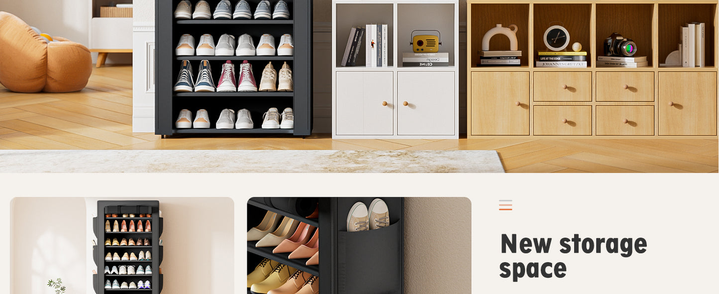 OYREL Large Shoe Rack, Black, 6 Side Pockets, 23.6" Wide x 11.4" Deep x 68.9" Tall, 36-41 Pairs of Shoes