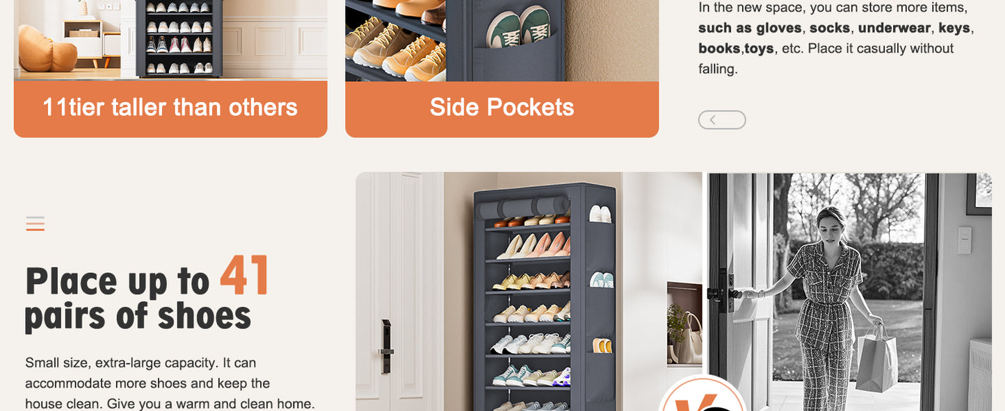OYREL Shoes Rack 10 Tier Tall Shoe Rack with Storage Pockets, Fabric Covered Shoe Racks,Metal Shoes Rack Organizer for Closets,Bedroom, Garage