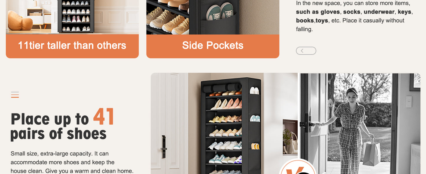 OYREL Large Shoe Rack, Black, 6 Side Pockets, 23.6" Wide x 11.4" Deep x 68.9" Tall, 36-41 Pairs of Shoes