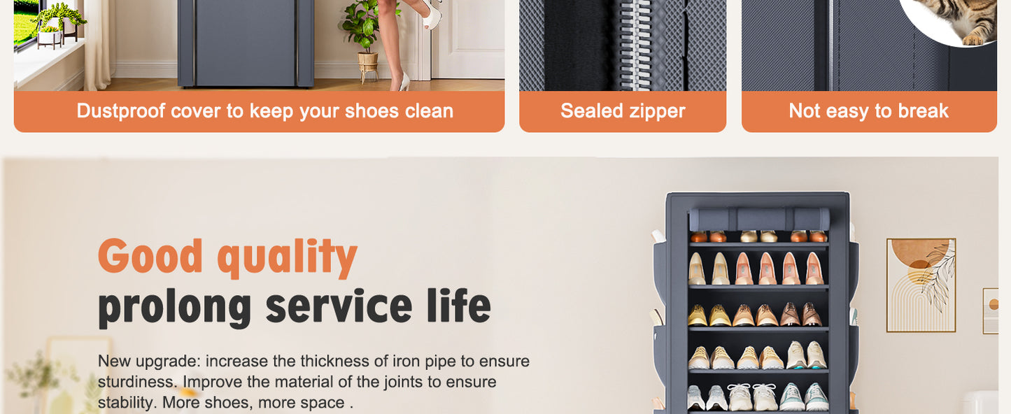 OYREL Shoes Rack 10 Tier Tall Shoe Rack with Storage Pockets, Fabric Covered Shoe Racks,Metal Shoes Rack Organizer for Closets,Bedroom, Garage