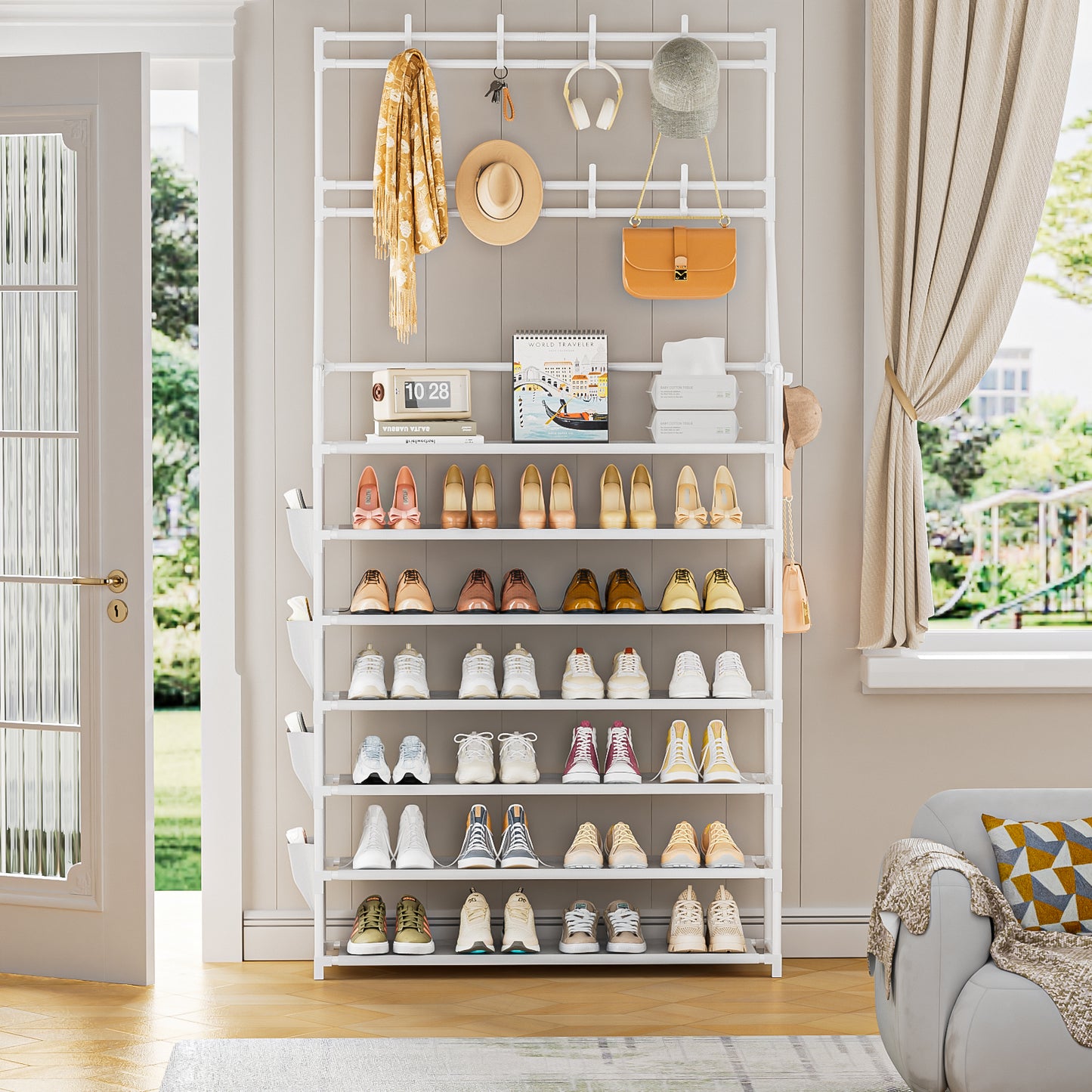 OYREL Shoe Rack 7 Tier Sturdy Shoe Racks for Closet Shoes Organizer for 28-35 Pairs Large Capacity Shoe Storage Rack with Multifunctional 5 Hooks and Side Pocket for Entrance Entryway