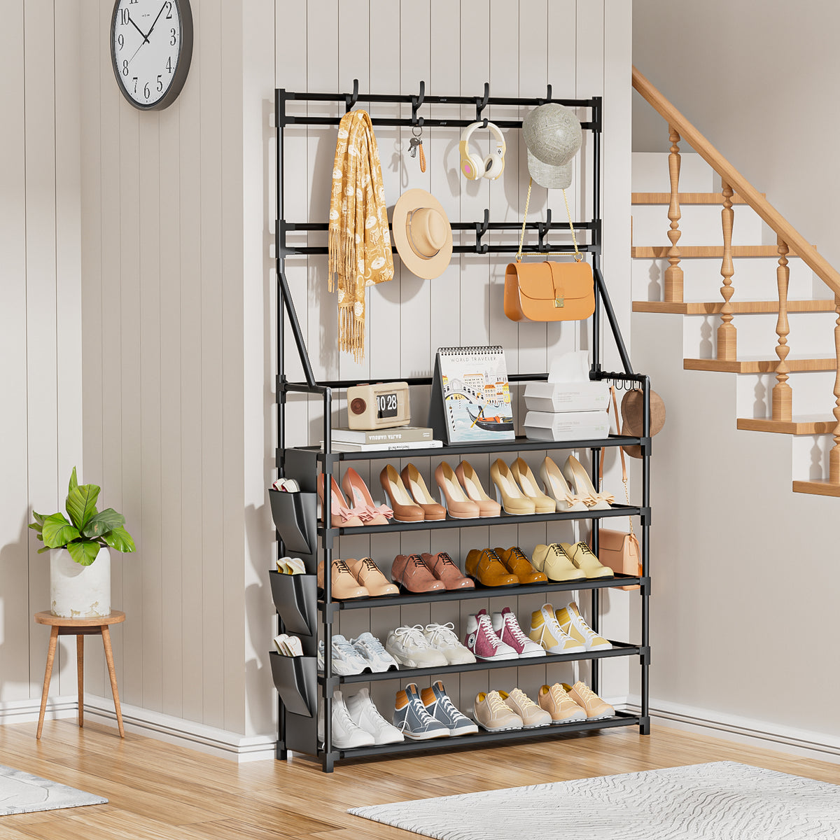 OYREL Shoe Rack 5 Tier Shoe Racks Organizer 20-25 Pairs Shoes Rack for Closet Entrance Shoe Storage Organizer with Hooks and Side Pocket Entryway Shoe Holder Space Saving Free Standing Shoe Racks