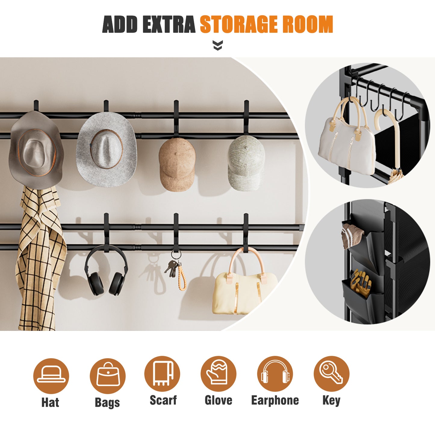 OYREL 5 Tier Shoe Rack with 8 Hooks, for 20-25 Pairs Shoes, Space Saving Shoe Storage Organizer with Side Pocket for Closet Entryway Hallway Bedroom Black