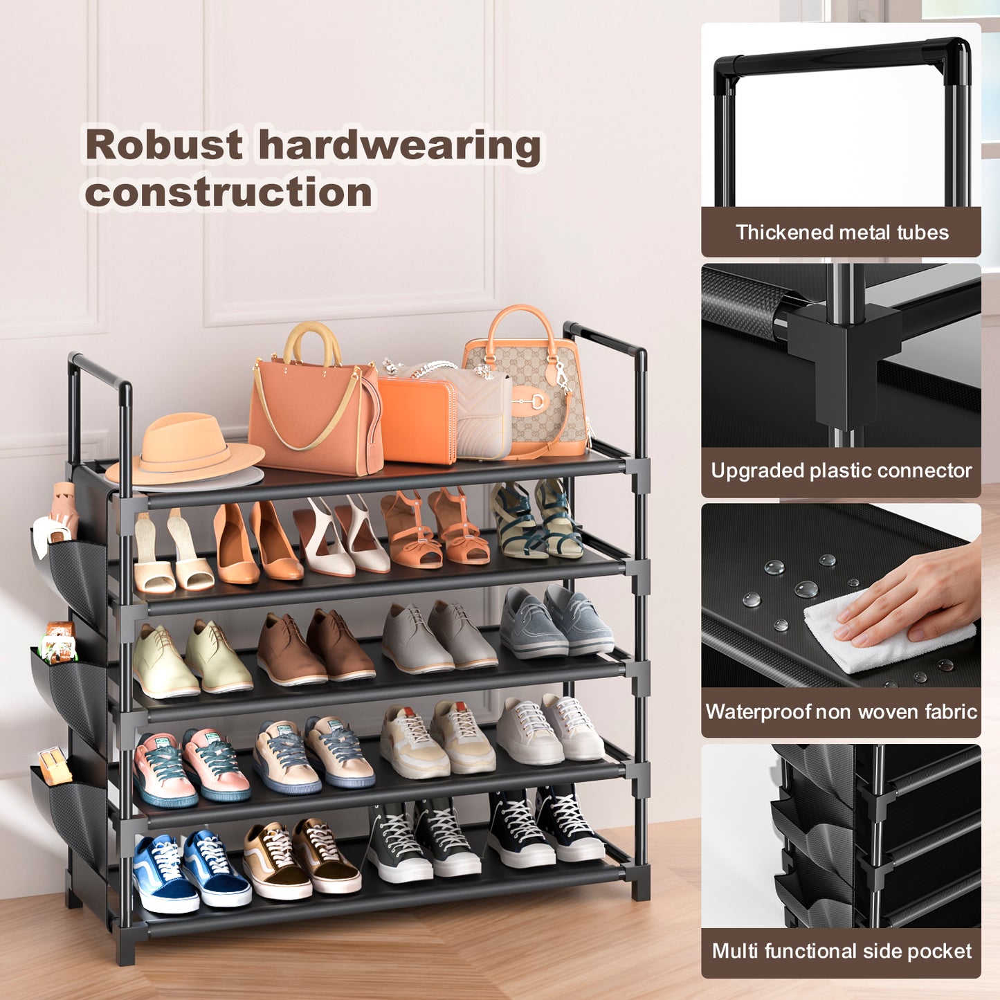 OYREL Shoe Rack 5 Tier 20-25 Pairs Shoes, Shoe Storage Organizer Large with Side Bag Space Saving for Closet, Entryway, Garage, Bedroom Non-Woven Shoe Rack Shelf Black