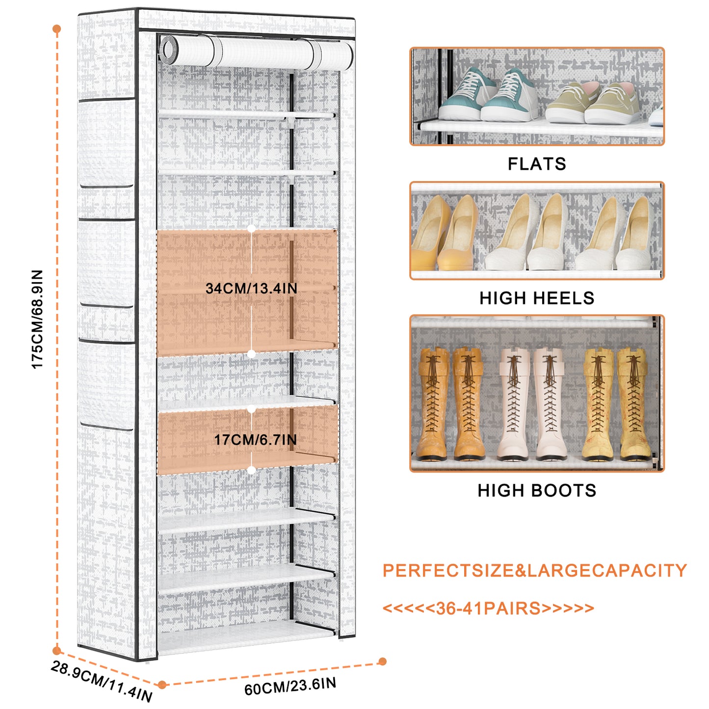 OYREL Shoes Rack 10 Tier Tall Shoe Rack with Storage Pockets, Fabric Covered Shoe Racks,Metal Shoes Rack Organizer for Closets,Bedroom, Garage