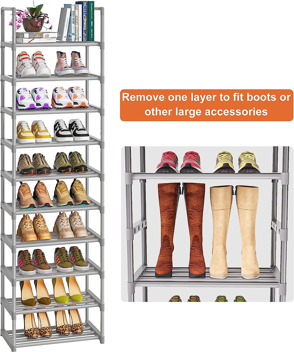 OYREL Tall Shoe Rack Narrow 10 Tier Shoes Rack 20 25 Pairs, Shoe Rack Organizer for Closet, Sturdy Metal Shoe Shelf, Durable Shoe Storage Stand Holder