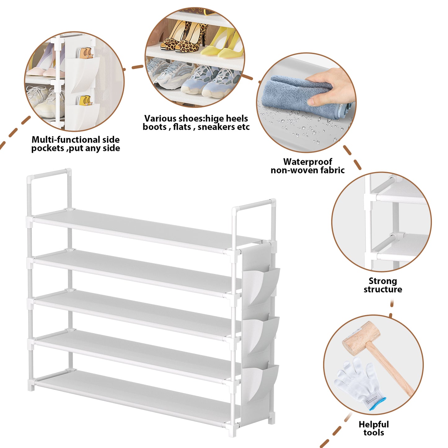 OYREL Shoe Rack 5 Tier 20-25 Pairs Shoes, Shoe Storage Organizer Large with Side Bag Space Saving for Closet, Entryway, Garage, Bedroom Non-Woven Shoe Rack Shelf White