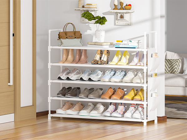 OYREL Shoe Rack 5 Tier 20-25 Pairs Shoes, Shoe Storage Organizer Large with Side Bag Space Saving for Closet, Entryway, Garage, Bedroom Non-Woven Shoe Rack Shelf White