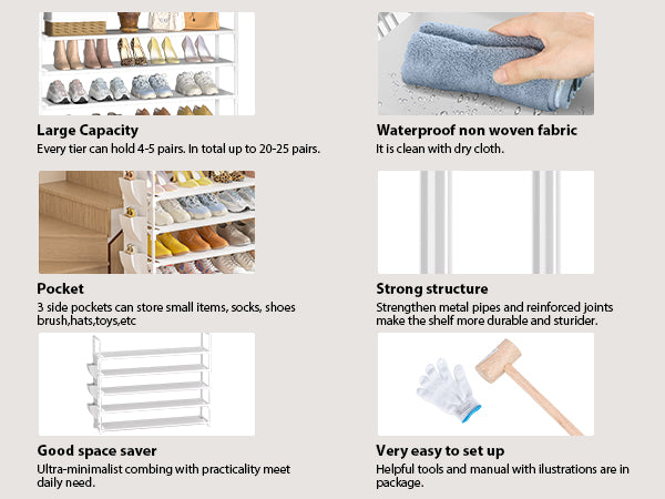 OYREL Shoe Rack 5 Tier 20-25 Pairs Shoes, Shoe Storage Organizer Large with Side Bag Space Saving for Closet, Entryway, Garage, Bedroom Non-Woven Shoe Rack Shelf White
