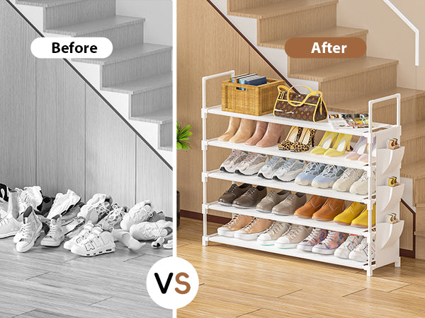 OYREL Shoe Rack 5 Tier 20-25 Pairs Shoes, Shoe Storage Organizer Large with Side Bag Space Saving for Closet, Entryway, Garage, Bedroom Non-Woven Shoe Rack Shelf White