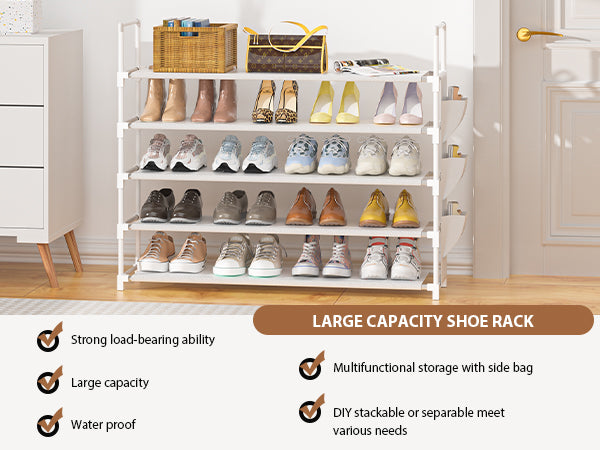 OYREL Shoe Rack 5 Tier 20-25 Pairs Shoes, Shoe Storage Organizer Large with Side Bag Space Saving for Closet, Entryway, Garage, Bedroom Non-Woven Shoe Rack Shelf White