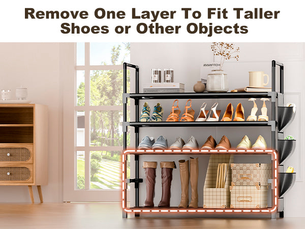 OYREL Shoe Rack 5 Tier 20-25 Pairs Shoes, Shoe Storage Organizer Large with Side Bag Space Saving for Closet, Entryway, Garage, Bedroom Non-Woven Shoe Rack Shelf Black