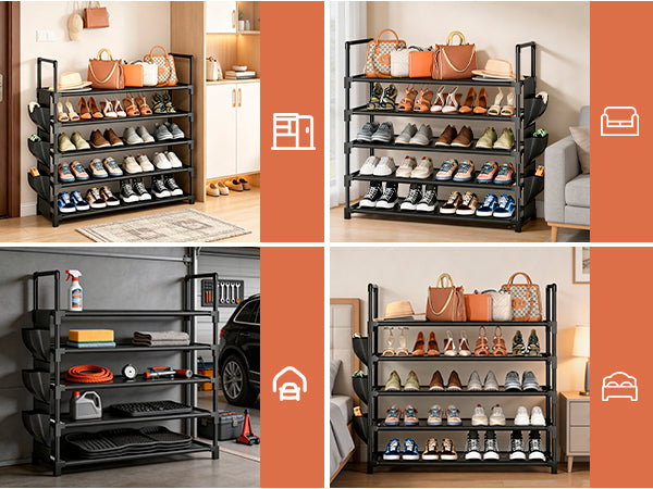 OYREL Shoe Rack 5 Tier 20-25 Pairs Shoes, Shoe Storage Organizer Large with Side Bag Space Saving for Closet, Entryway, Garage, Bedroom Non-Woven Shoe Rack Shelf Black