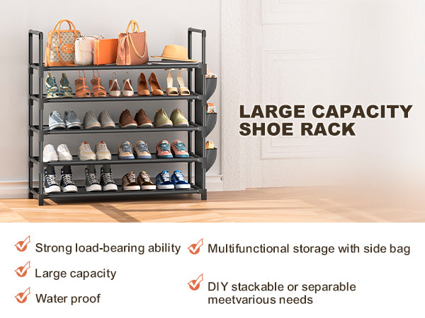 OYREL Shoe Rack 5 Tier 20-25 Pairs Shoes, Shoe Storage Organizer Large with Side Bag Space Saving for Closet, Entryway, Garage, Bedroom Non-Woven Shoe Rack Shelf Black