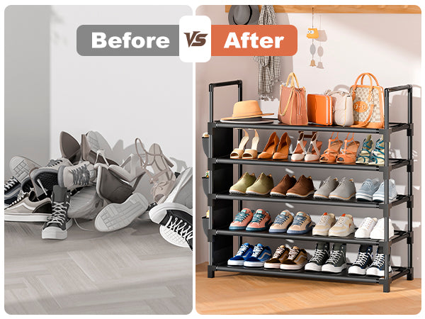 OYREL Shoe Rack 5 Tier 20-25 Pairs Shoes, Shoe Storage Organizer Large with Side Bag Space Saving for Closet, Entryway, Garage, Bedroom Non-Woven Shoe Rack Shelf Black