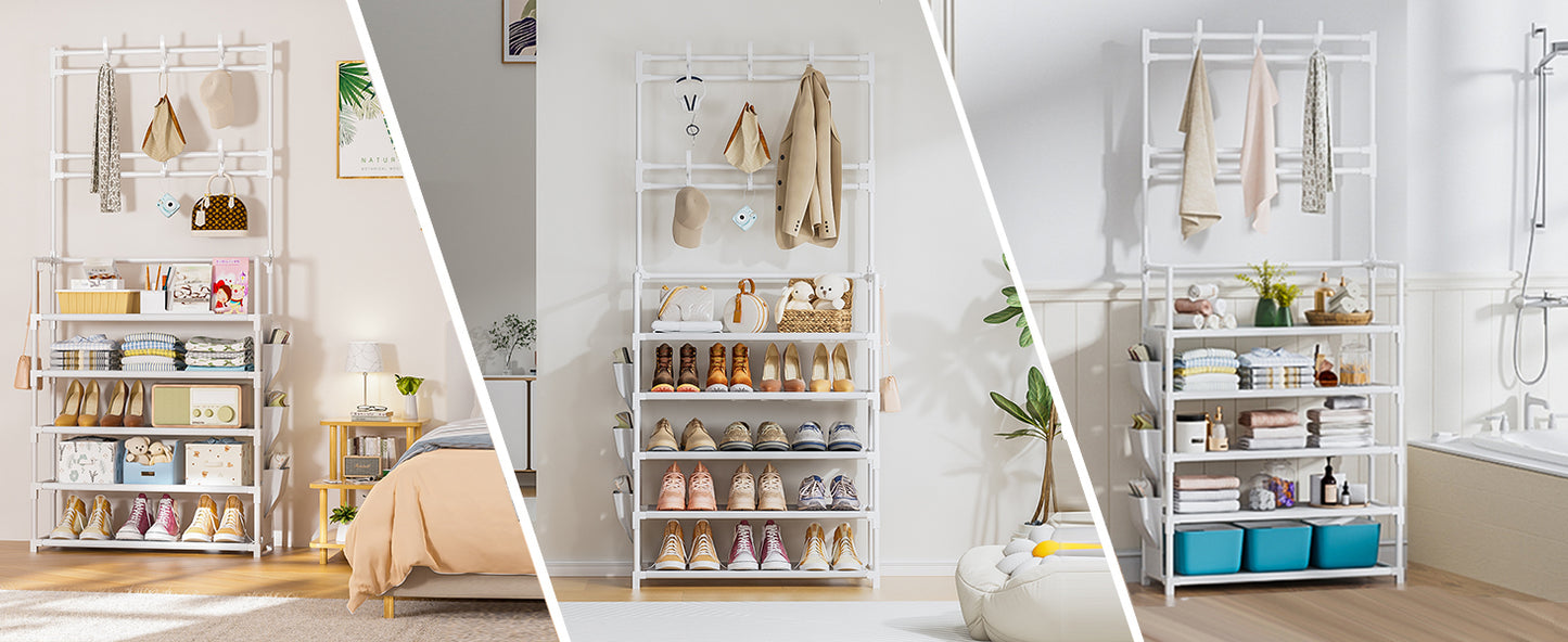 Shoe Rack 5 Tier Shoe Organizer Storage 15-20 Pairs Shoes Rack for Closet Entrance Shoe Rack Organizer with Hooks and Side Pocket Entryway Shoe Holder Space Saving Free Standing Shoe Racks