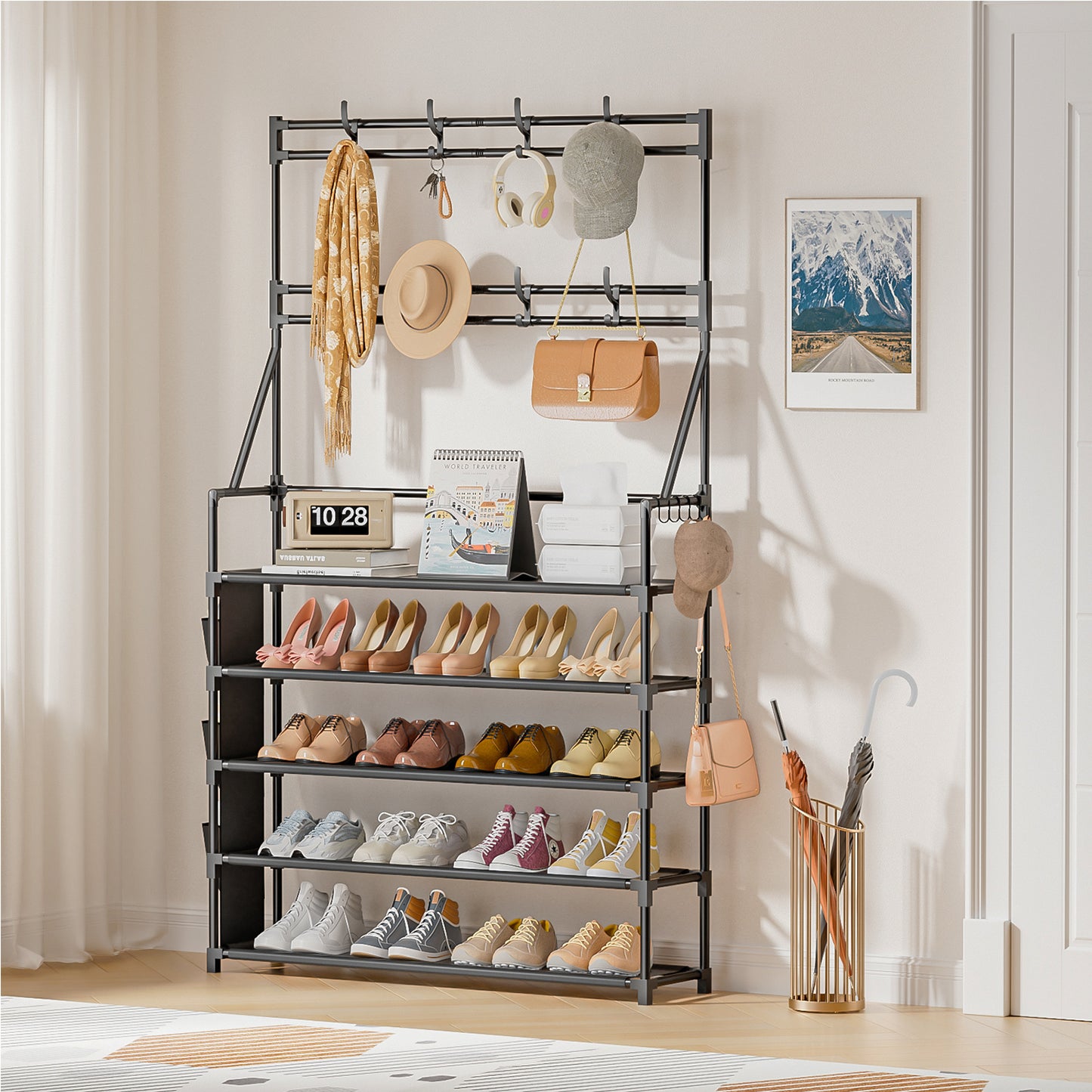 OYREL 5 Tier Shoe Rack with 8 Hooks, for 20-25 Pairs Shoes, Space Saving Shoe Storage Organizer with Side Pocket for Closet Entryway Hallway Bedroom Black