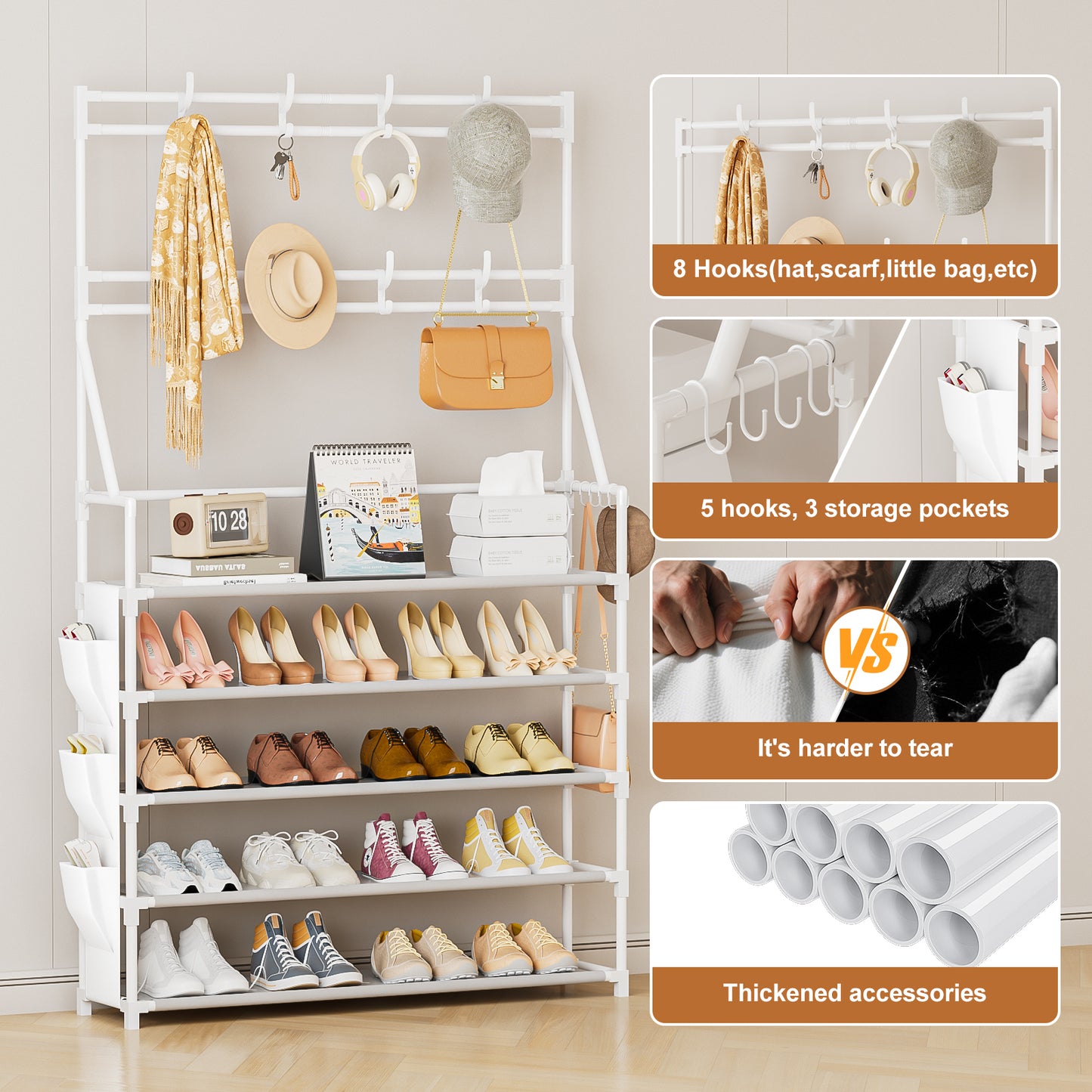 OYREL Shoe Rack 5 Tier Shoe Racks Organizer 20-25 Pairs Shoes Rack for Closet Entrance Shoe Storage Shelf with Hooks and Side Pocket Entryway Shoe Holder Space Saving Free Standing Shoe Racks