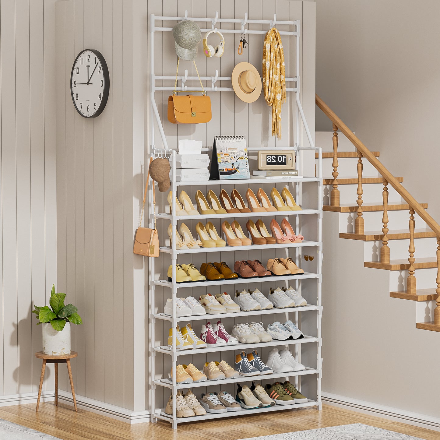 OYREL Shoe Rack 8 Tier Large Shoe Organizer Storage 32-40 Pairs Metal Shoe Storage Rack with Hooks and Side Pocket for Entrance Entryway Closet Shoe Shelf Holder