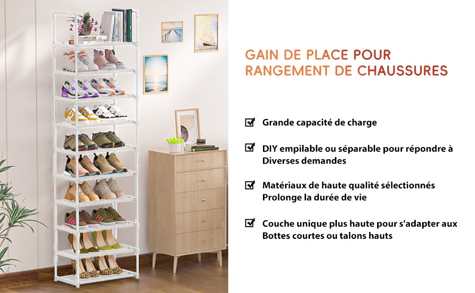 OYREL Étagère à Chaussures 10 Niveaux Gain de Place, Organisateur de Chaussures Grande capacité pour 20-25 Paires, Armoire à Chaussures métallique Haute et étroite, pour entrée, Salon, Chambre