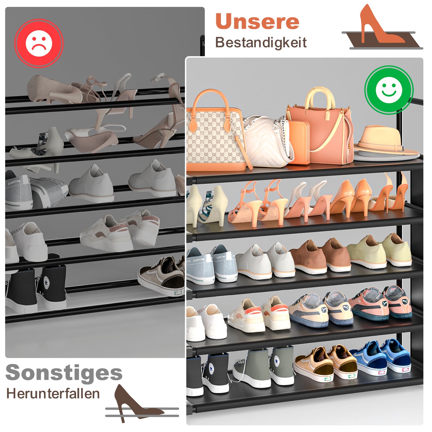 OYREL Schuhregal 5 Ebenen, Große Kapazität Shoe Rack Schuhablage mit Seitentasche für 20-25 Paar Schuhe, Stark Schuhaufbewahrung für Schrank, Flur, Closet, Draußen, 85cm Breit Shoe Storage Schwarz