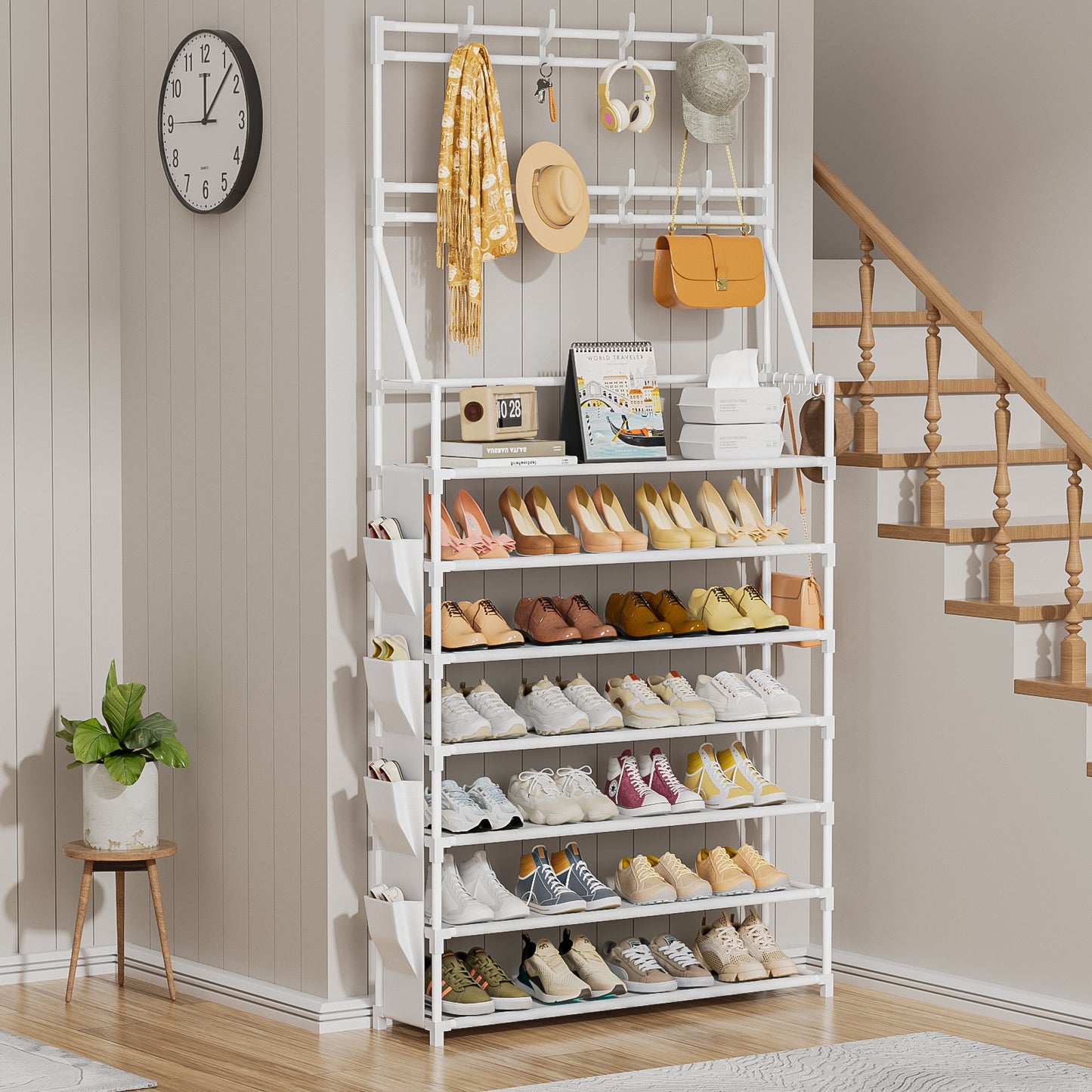 OYREL Shoe Rack 7 Tier Sturdy Shoe Racks for Closet Shoes Organizer for 28-35 Pairs Large Capacity Shoe Storage Rack with Multifunctional 5 Hooks and Side Pocket for Entrance Entryway