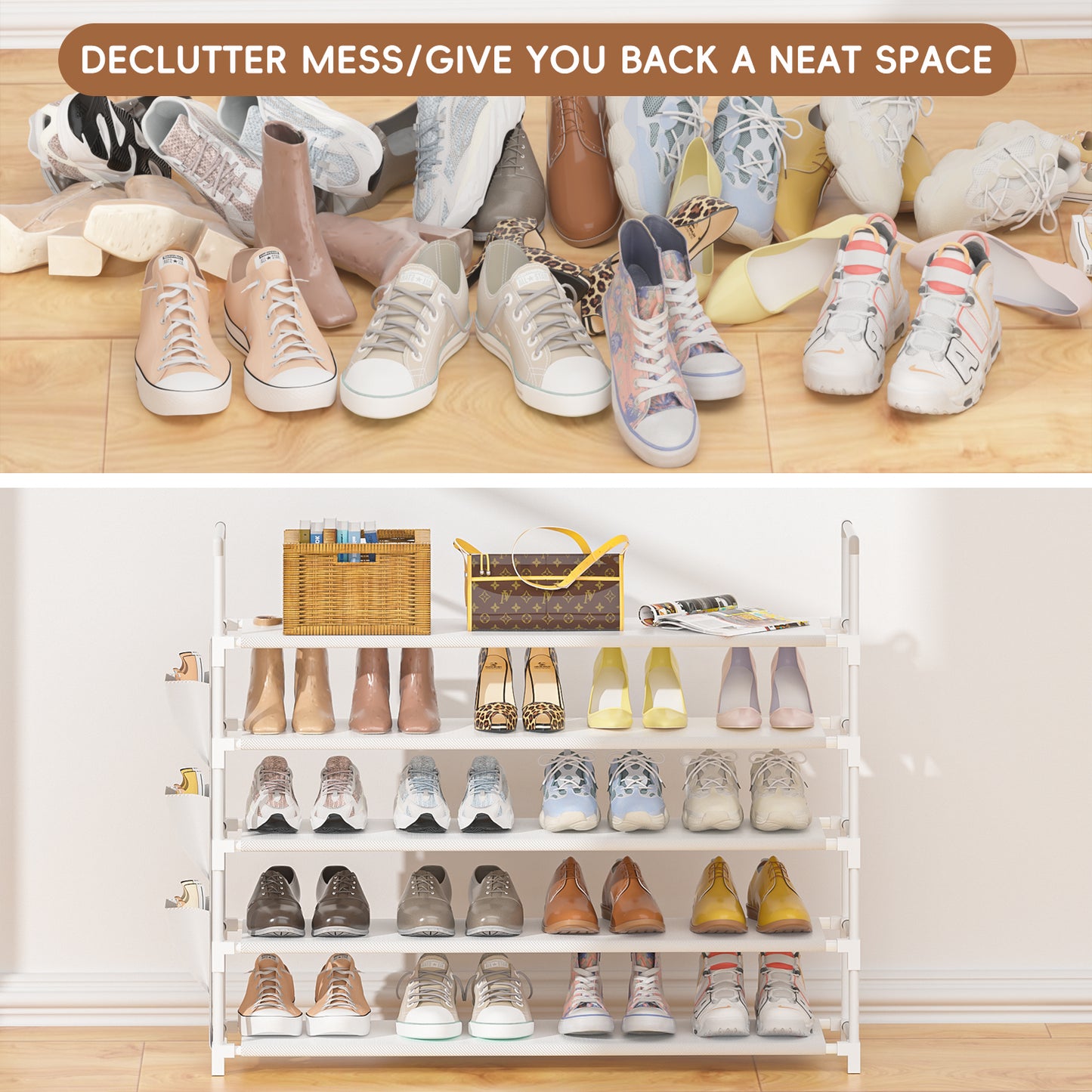 OYREL Shoe Rack 5 Tier 20-25 Pairs Shoes, Shoe Storage Organizer Large with Side Bag Space Saving for Closet, Entryway, Garage, Bedroom Non-Woven Shoe Rack Shelf White