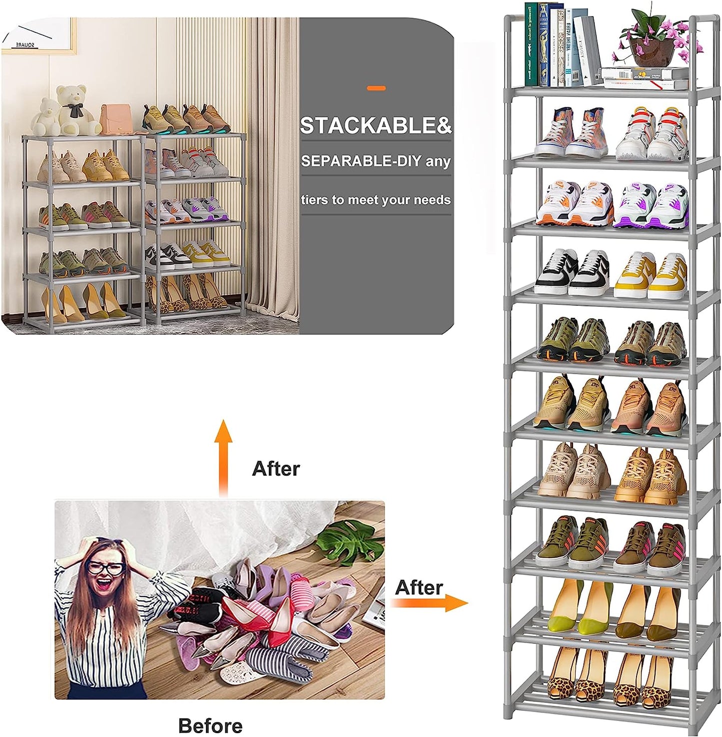 OYREL Tall Shoe Rack Narrow 10 Tier Shoes Rack 20 25 Pairs, Shoe Rack Organizer for Closet, Sturdy Metal Shoe Shelf, Durable Shoe Storage Stand Holder