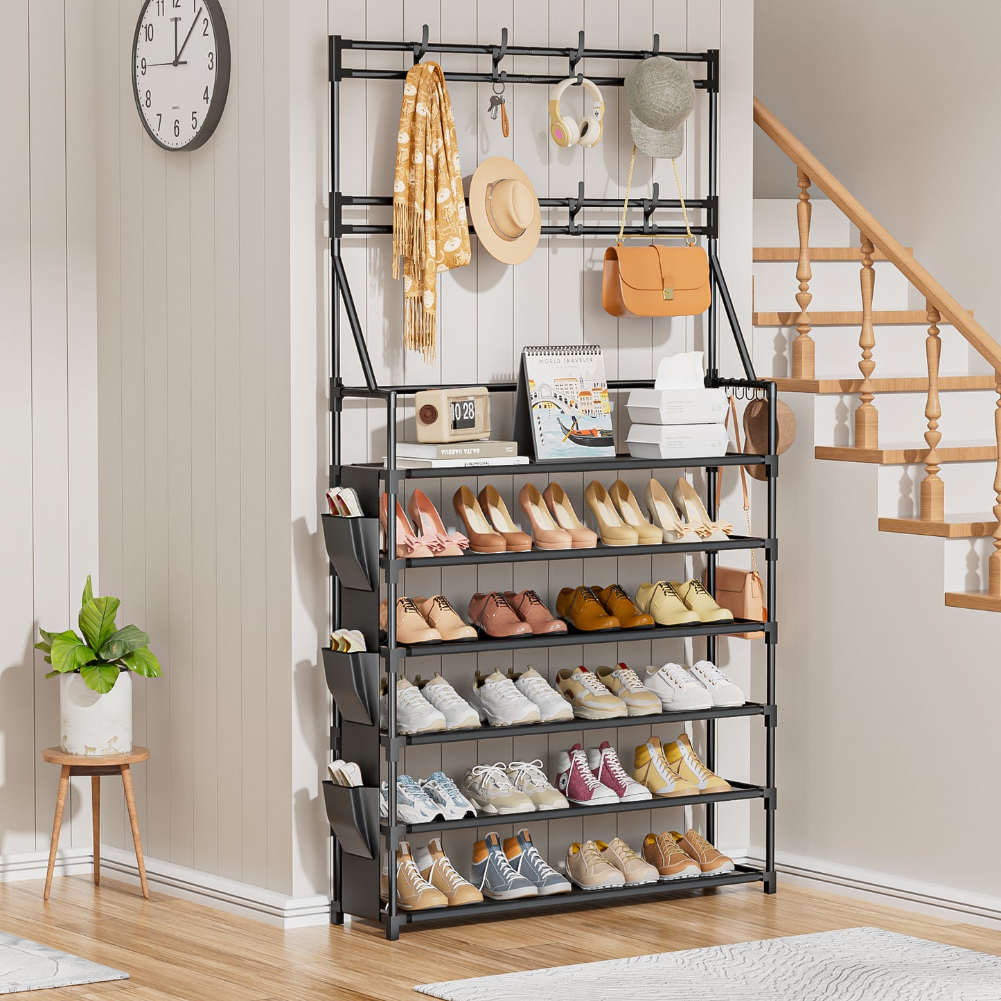 OYREL Shoe Rack 6 Tier Shoes Organizer 24-30 Pairs Shoe Racks for Closet Front Door Entrance Large Capacity Space Saving Shoe Storage Organizer with Multifunctional 5 Hooks and Side Pocket