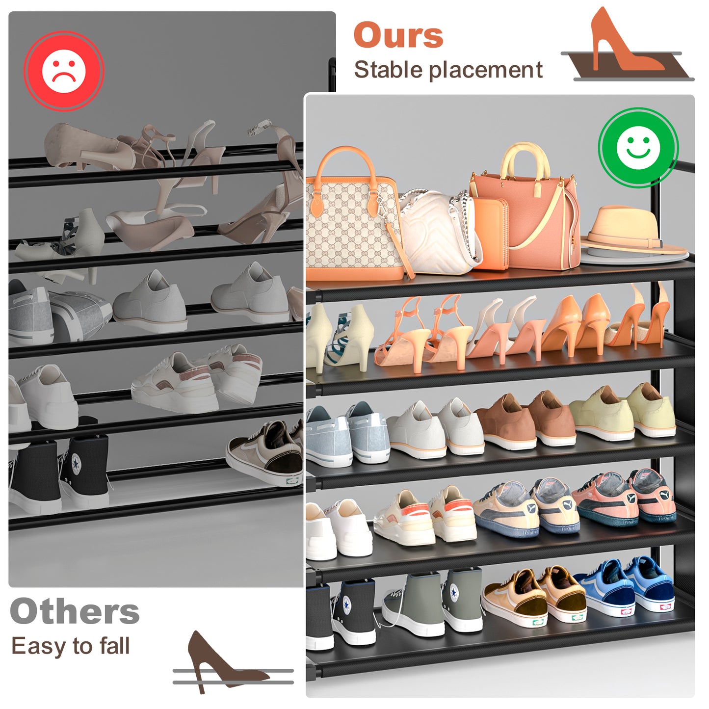 OYREL Shoe Rack 5 Tier 20-25 Pairs Shoes, Shoe Storage Organizer Large with Side Bag Space Saving for Closet, Entryway, Garage, Bedroom Non-Woven Shoe Rack Shelf Black