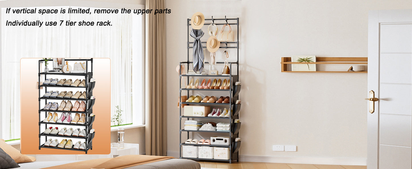 Shoe Rack 7 Tier Shoe Organizer Storage 21-28 Pairs Closet Shoes Rack for Front Door Entrance Shoe Rack Organizer with Hooks Side Pocket Entryway Large Capacity Shoe Shelf Tower Garage