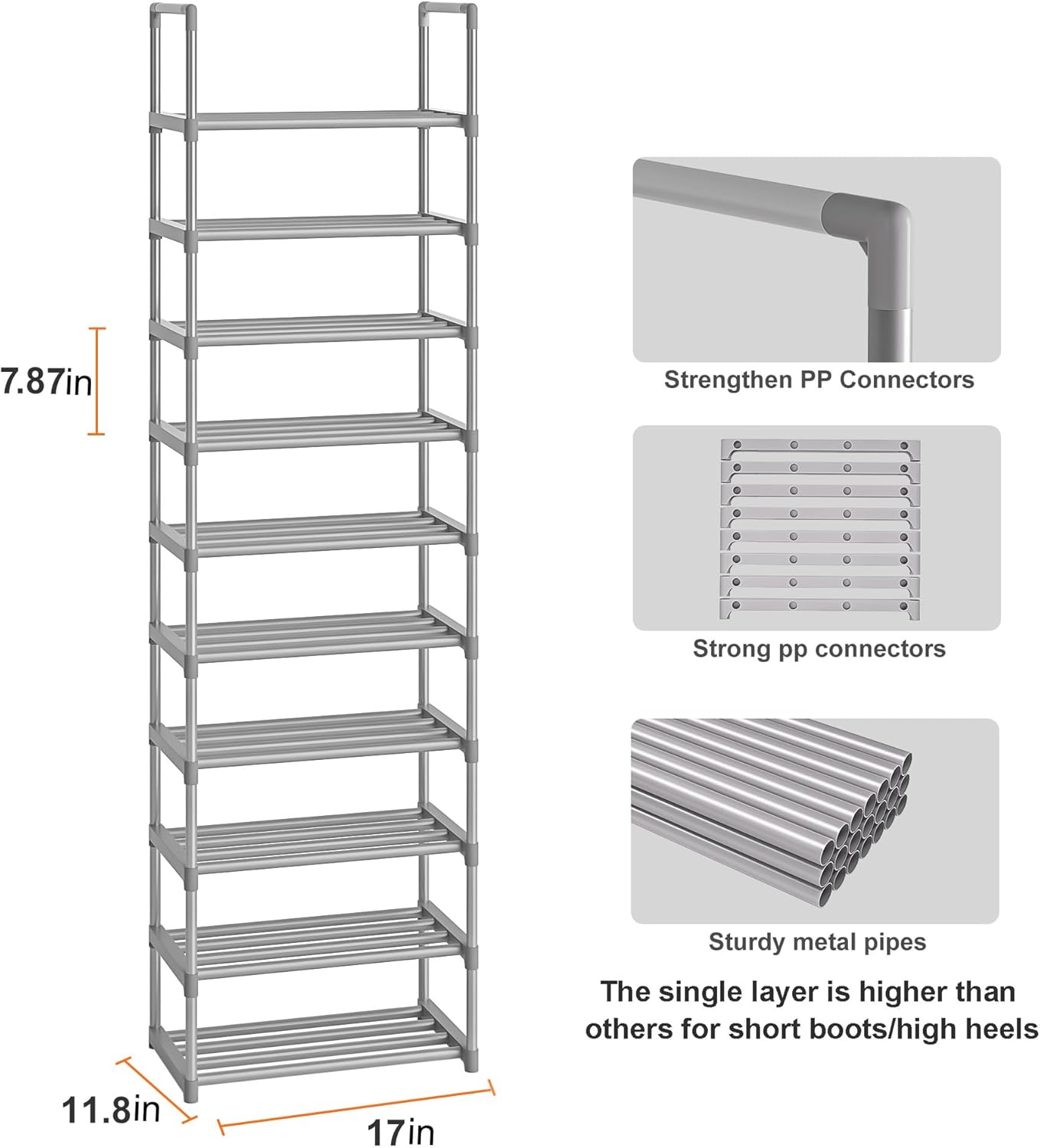 OYREL 10-Tier Metal Shoe Rack, Narrow Shoe Rack Organizer, Sturdy Shoe Shelf for Closets, Entryway, Bedroom, Garage - Silver