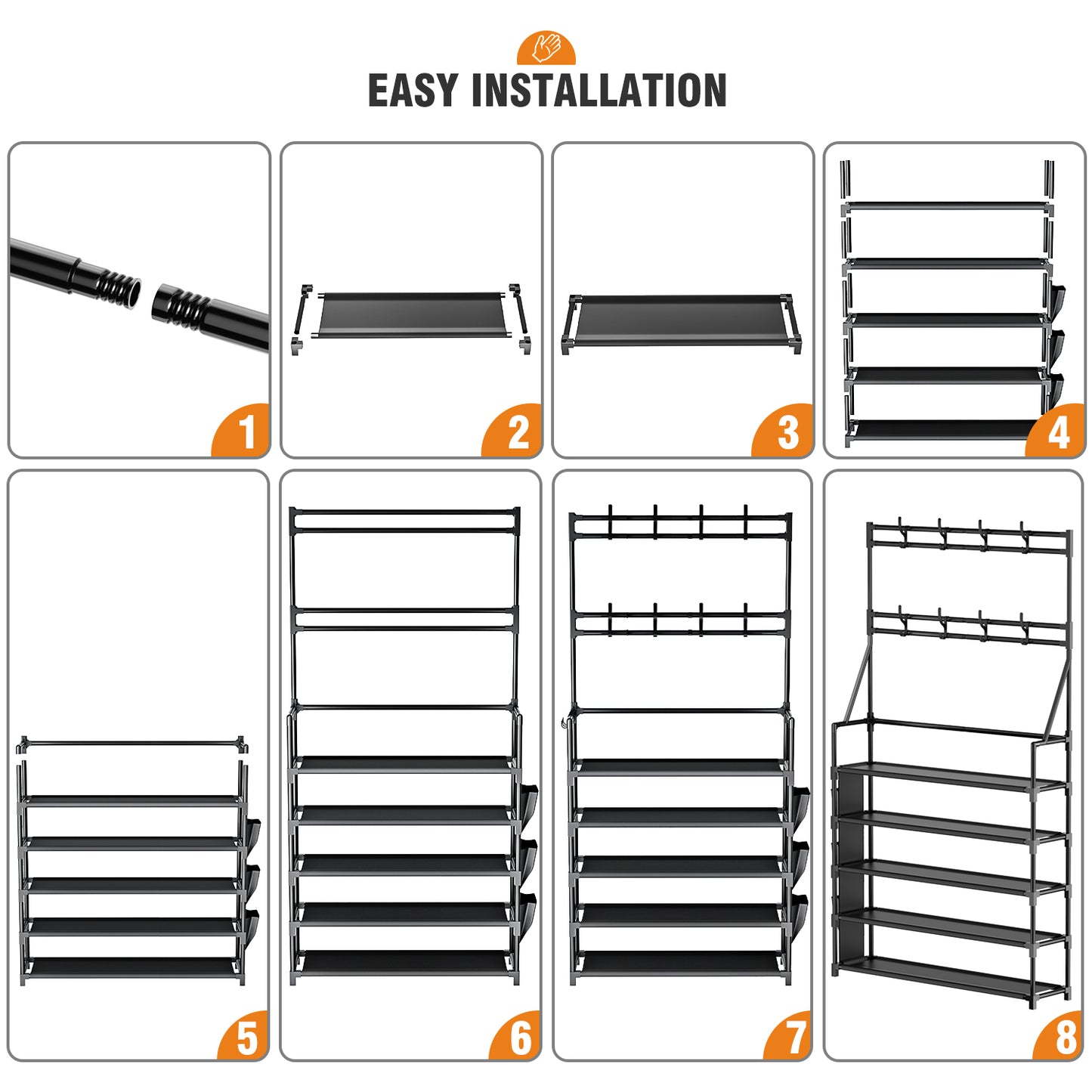 OYREL 5 Tier Shoe Rack with 8 Hooks, for 20-25 Pairs Shoes, Space Saving Shoe Storage Organizer with Side Pocket for Closet Entryway Hallway Bedroom Black