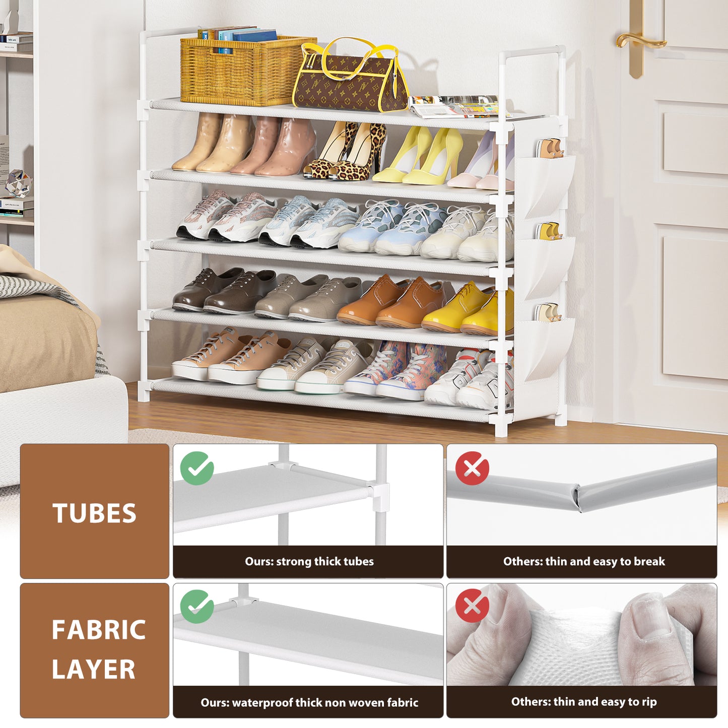 OYREL Shoe Rack 5 Tier 20-25 Pairs Shoes, Shoe Storage Organizer Large with Side Bag Space Saving for Closet, Entryway, Garage, Bedroom Non-Woven Shoe Rack Shelf White