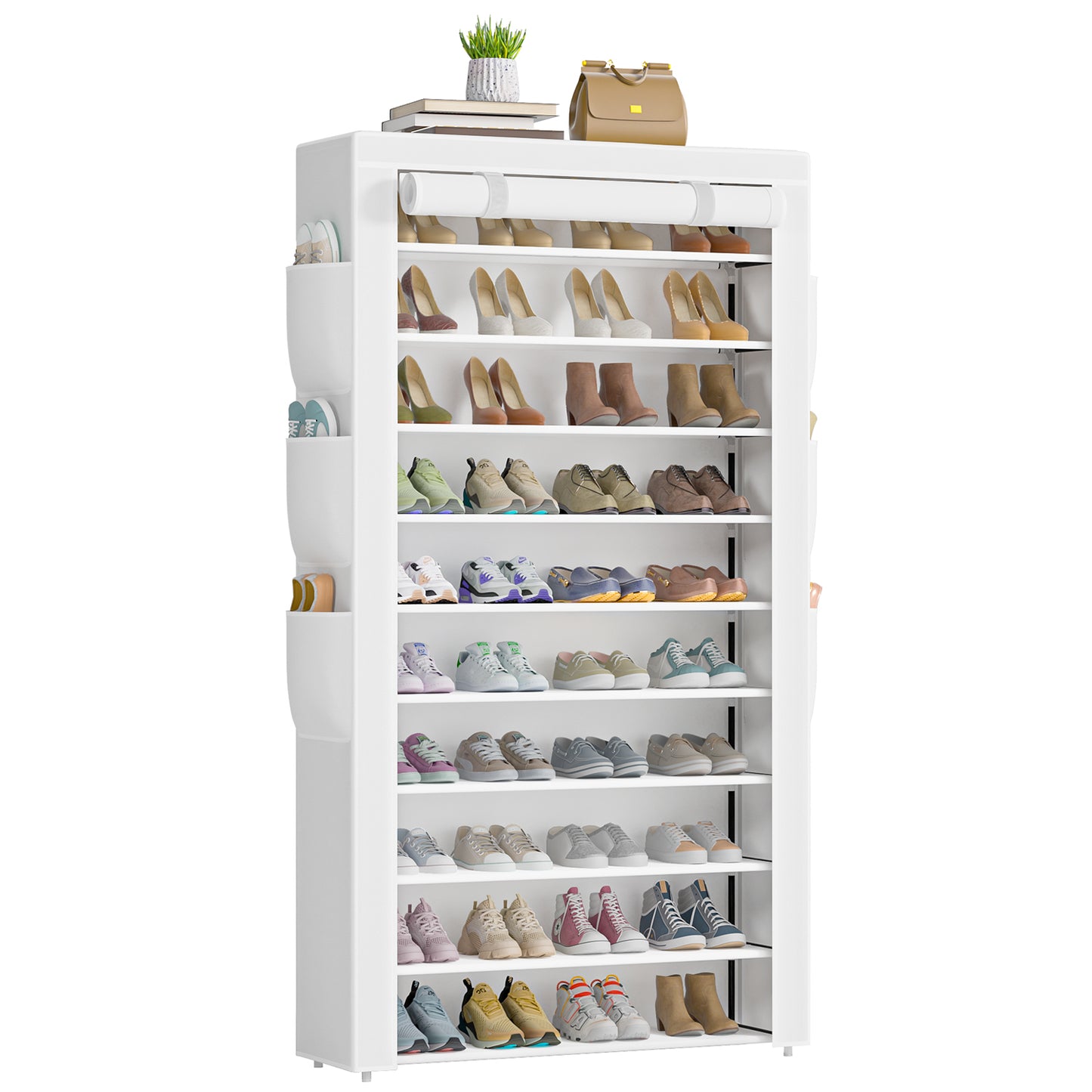 OYREL 10 Tier Shoe Rack Cabinet with Dustproof Cover, Large Capacity Shoe Stand Metal Frame, Shoe Racks Storage Space Saver for 50-56 Pairs Shoes, Shoe Shelves for Inside Wardrobe, Living Room,Hallway