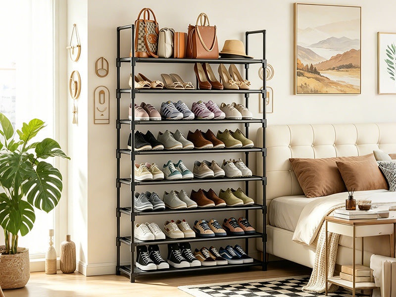 OYREL Shoe Rack 8 Tier 32-40 Pairs Shoes, Shoe Storage Organizer Large with Side Bag Space Saving for Closet, Entryway, Garage, Bedroom Non-Woven Shoe Rack Shelf Black