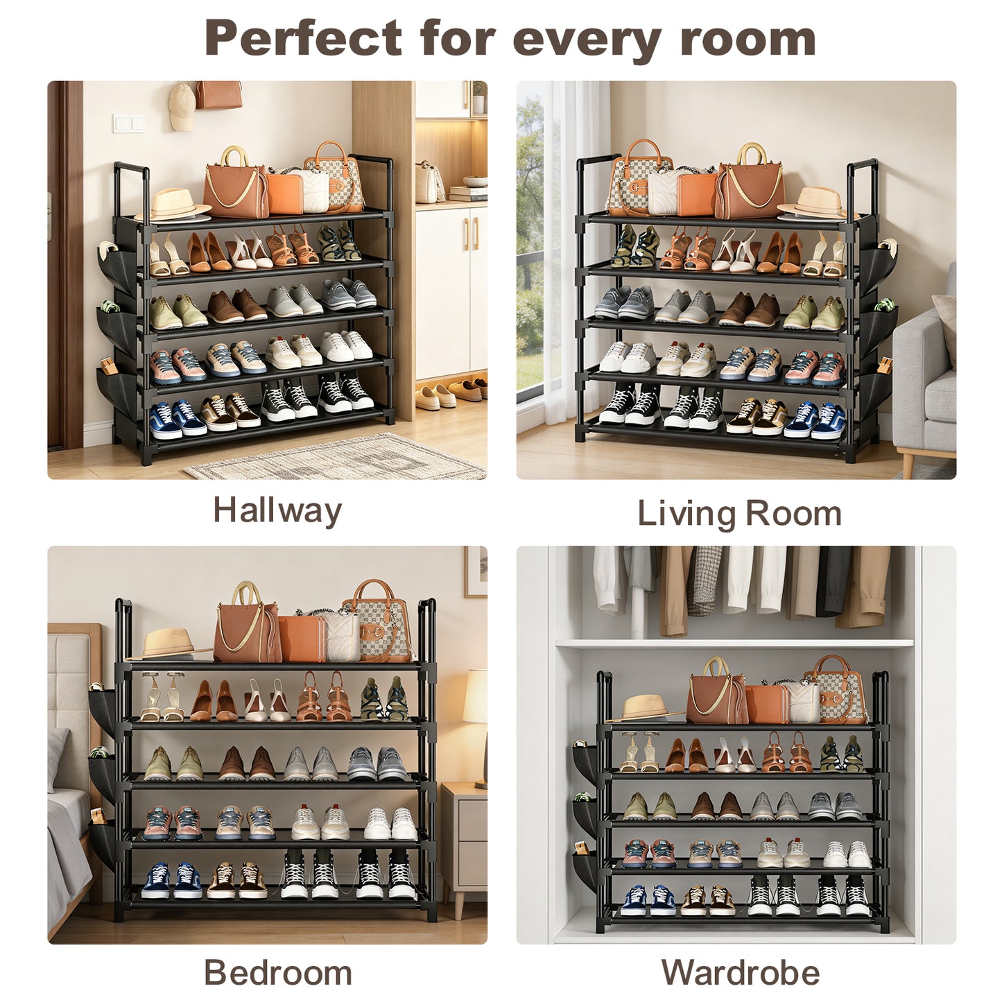 OYREL Shoe Rack 5 Tier 20-25 Pairs Shoes, Shoe Storage Organizer Large with Side Bag Space Saving for Closet, Entryway, Garage, Bedroom Non-Woven Shoe Rack Shelf Black