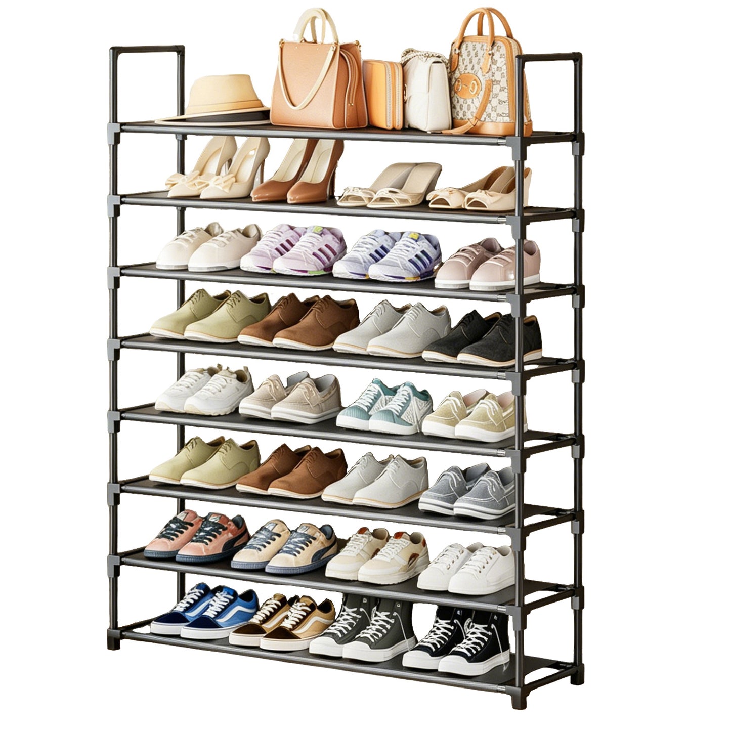 OYREL Shoe Rack 8 Tier 32-40 Pairs Shoes, Shoe Storage Organizer Large with Side Bag Space Saving for Closet, Entryway, Garage, Bedroom Non-Woven Shoe Rack Shelf Black