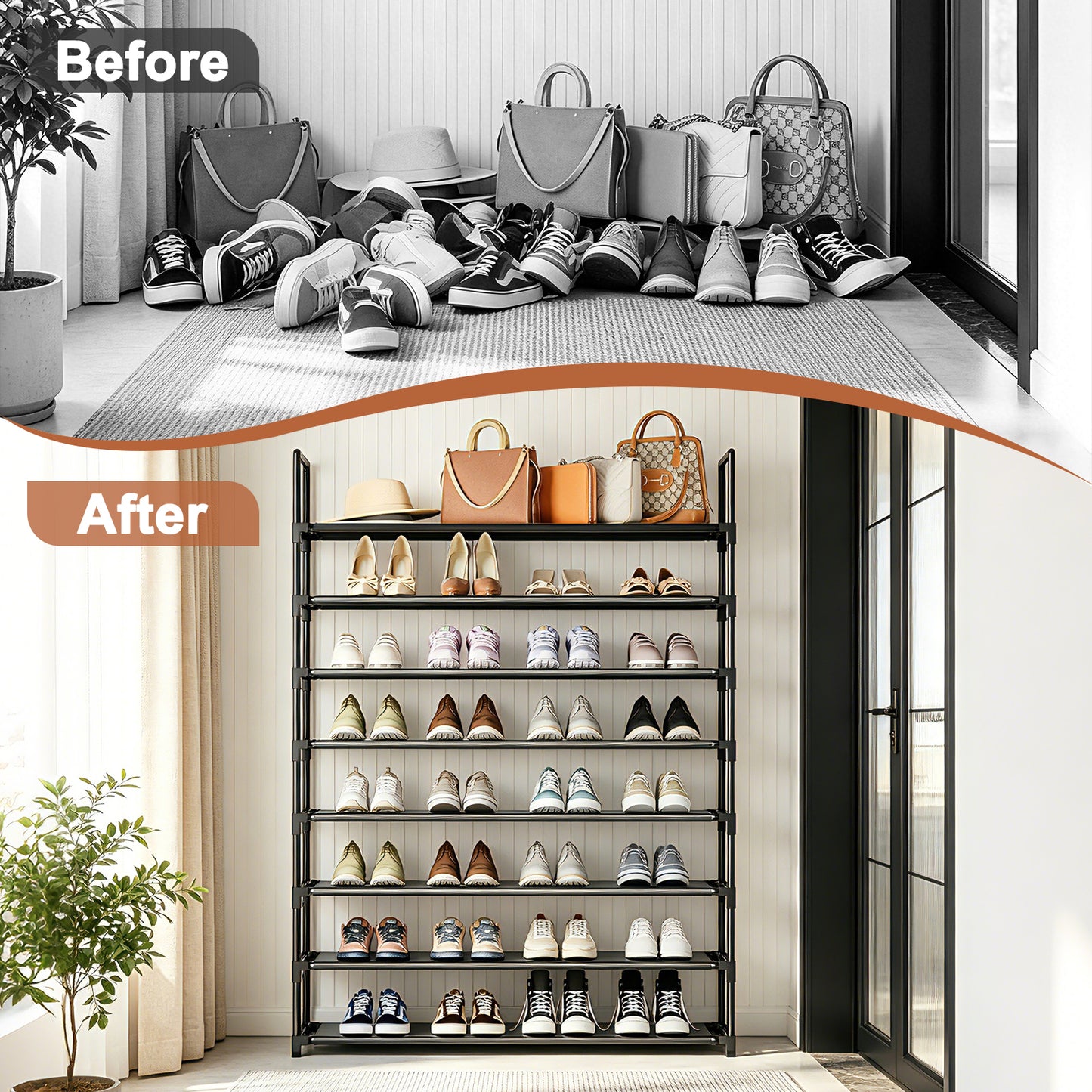 OYREL Shoe Rack 8 Tier 32-40 Pairs Shoes, Shoe Storage Organizer Large with Side Bag Space Saving for Closet, Entryway, Garage, Bedroom Non-Woven Shoe Rack Shelf Black