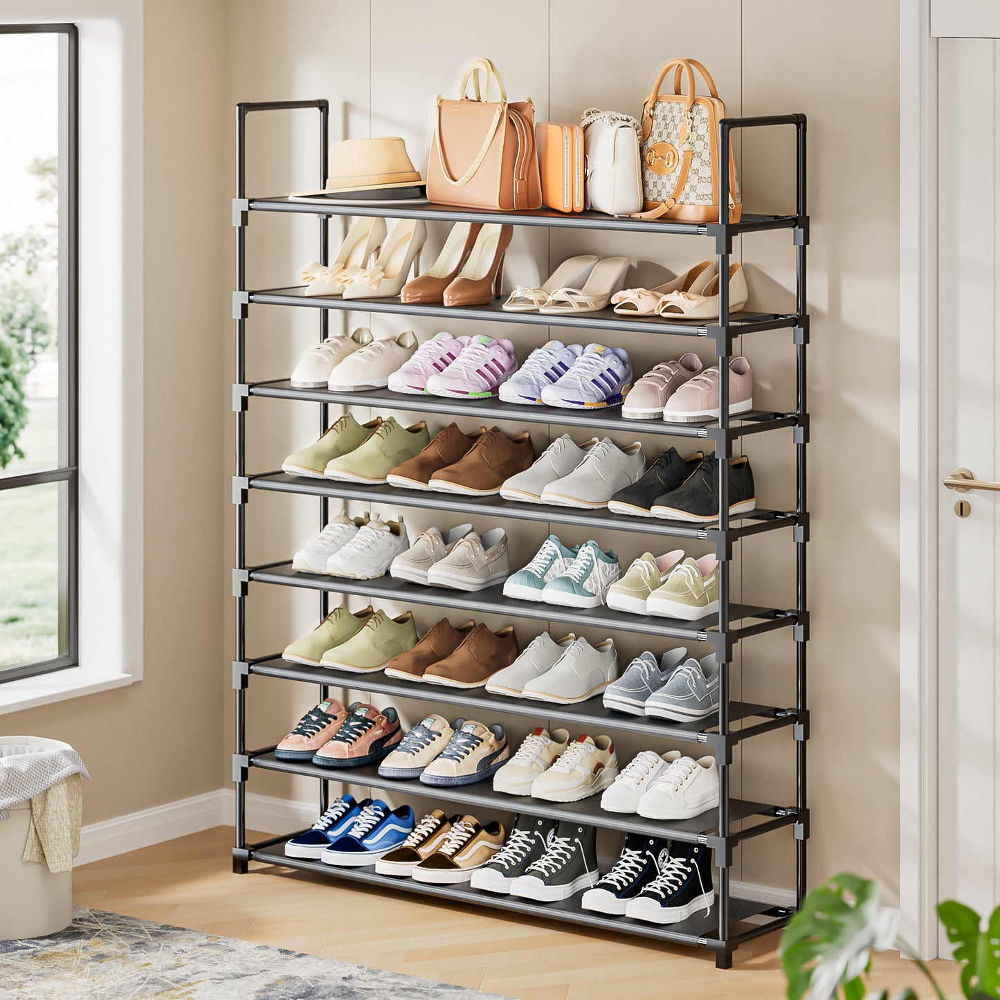 OYREL Shoe Rack 8 Tier 32-40 Pairs Shoes, Shoe Storage Organizer Large with Side Bag Space Saving for Closet, Entryway, Garage, Bedroom Non-Woven Shoe Rack Shelf Black