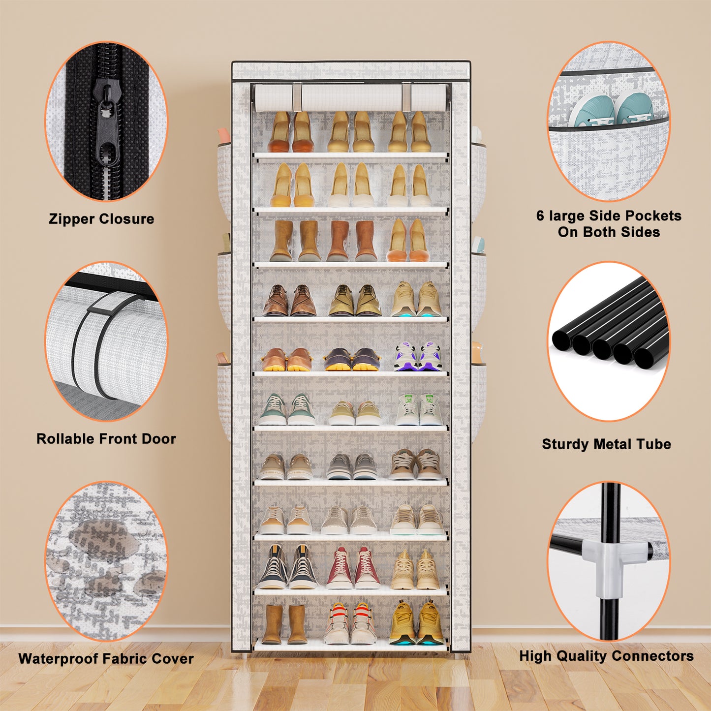OYREL Shoe Rack 10 Tier Tall 36-41Pairs with 6 Large Pockets Large Storage Capacity Dustproof Shoes Storage for Closet Entryway, Sturdy Black Shoe Organizer Stand Shelf with Cover
