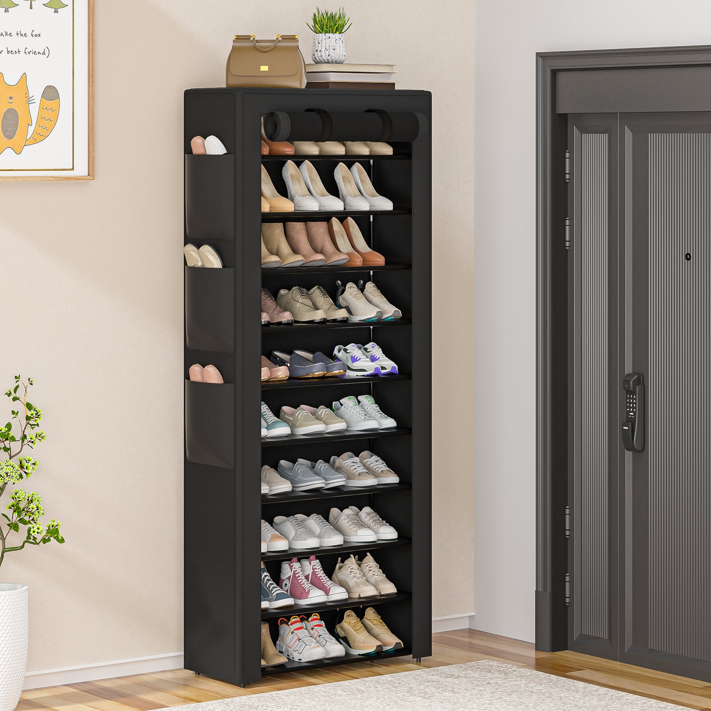 OYREL Shoe Rack with Cover 10+1 Tier Tall 36-41 Pairs with 6 Side Pockets Large Storage Capacity Dustproof Shoes Storage for Closet Entryway, Sturdy Black Shoe Organizer Stand Shelf