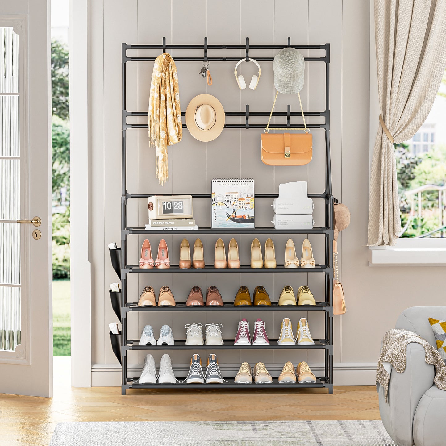 OYREL Shoe Rack 5 Tier Shoe Racks Organizer 20-25 Pairs Shoes Rack for Closet Entrance Shoe Storage Organizer with Hooks and Side Pocket Entryway Shoe Holder Space Saving Free Standing Shoe Racks